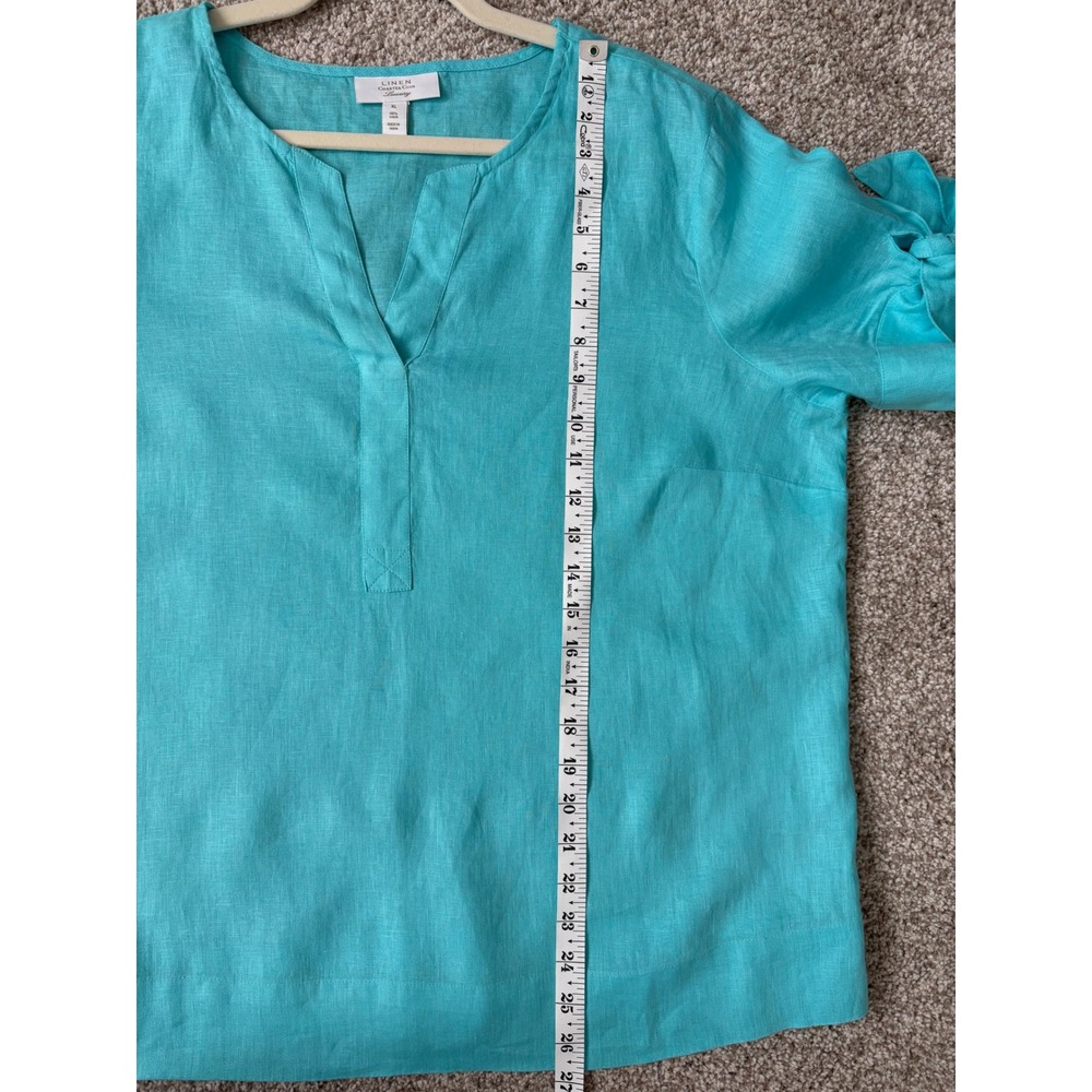 Charter Club Luxury Linen Turquoise Bow Tie Sleeve Split Neck XL Coastal Chic - Picture 4 of 8